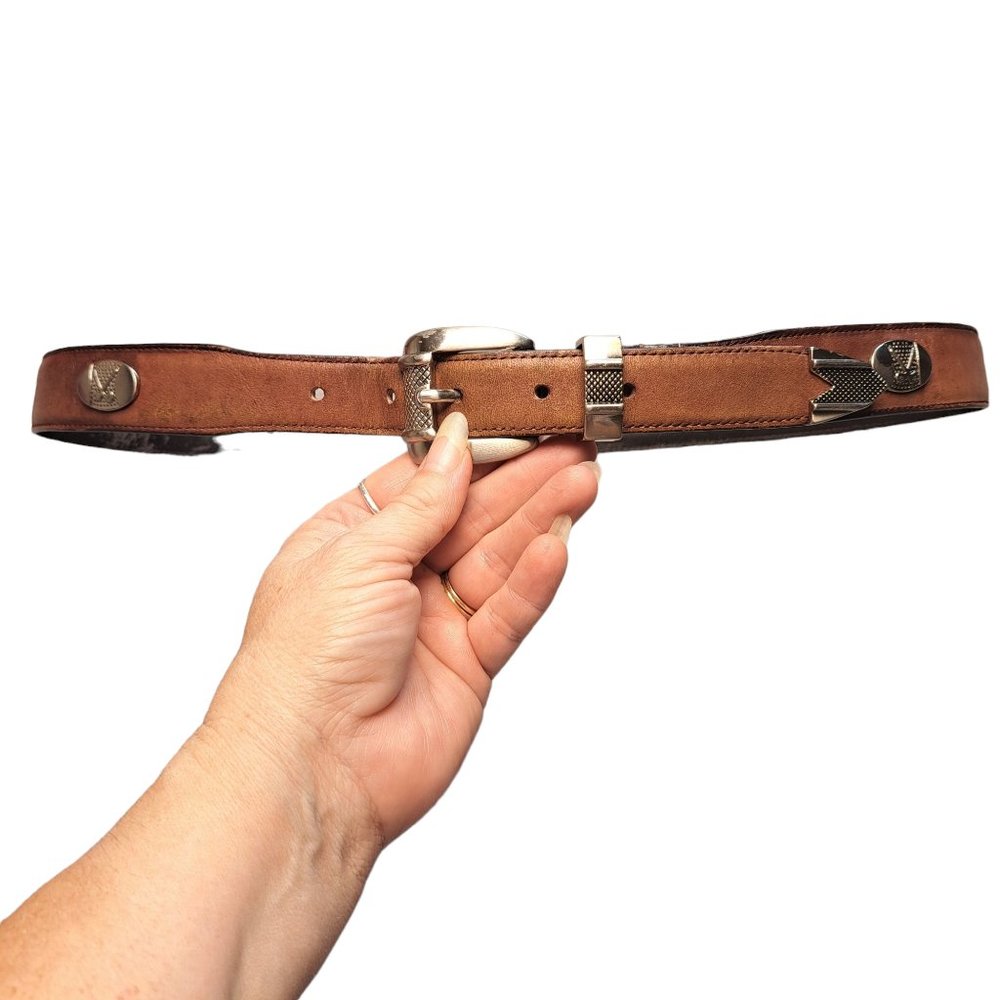 VINTAGE BROWN GENUINE LEATHER GOLF CONCHO BELT WOMENS SIZE L 33-37W SILVERTONE - Picture 7 of 9